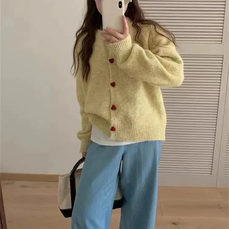 Korean Round Neck Versatile Design Caring Girl Button Knit Cardigan 2024 Autumn and Winter New Sweater Jacket Women's Top