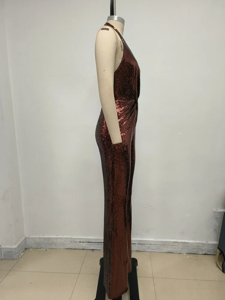 Women's Sleeveless Gold Sequin Jumpsuit Sexy V Neck Sparkle Sequined High Waist Wide Leg Pants Jumpsuit Celebrity Evening Party Badiee Stylez