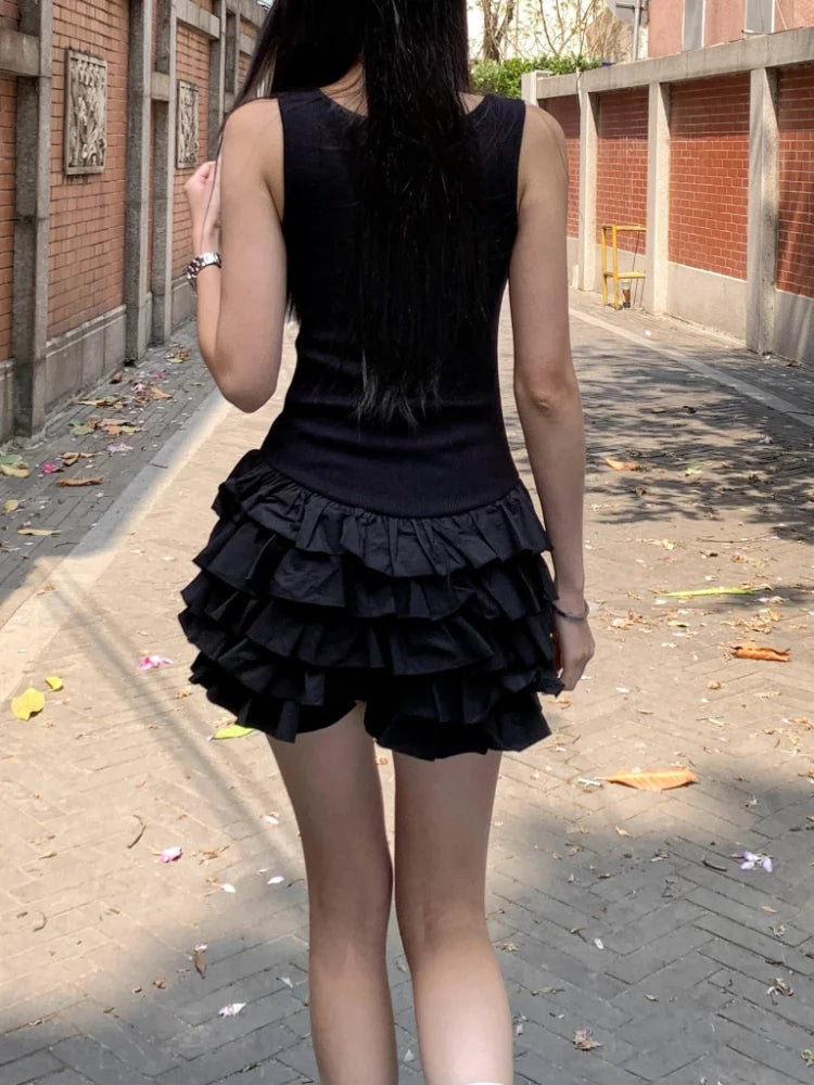 Chic Y2K Sleeveless Mini Dress For Woman Summer Black Dresses Sexy Clubwear Party Slim fit Ruffle Pleated Short Dress
