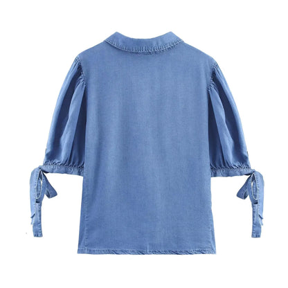 HH Women Solid Pant Sets Short Sleeves Bow Single-breasted Turn-Down Collar Shirts+Autumn Elastic Waist Pockets Wide Leg Pants Badiee Stylez