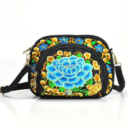 Vibrant Floral Embroidered Crossbody Bag for Women - Lightweight, Double-Sided Design with Detachable Strap, Zipper Closure, and Phone Pocket - Perfect for Casual Outings, Travel Accessory | Vibrant Pattern Bag | Coin Purse Badiee Stylez
