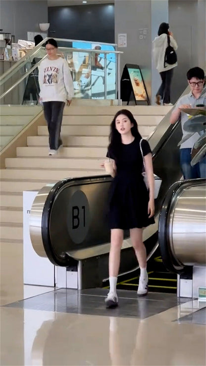 Women's Petite Black Summer Dress Round Collar Short Sleeve Slimming A-Line Mini Streetwear French Elegant LBD for Juniors