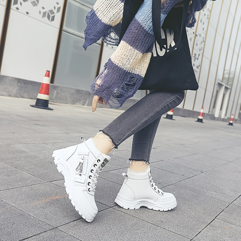 [Warm Fleece-Lined Winter Boots] Warm Fleece-Lined Women's Winter High-Top Boots - Thick Rubber Sole, Lace-Up Casual Style, White & Beige, Perfect for Cold Weather Comfort Badiee Stylez