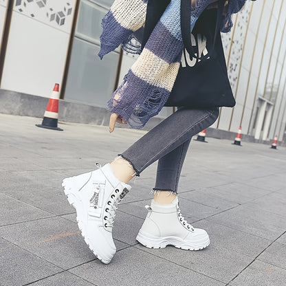 [Warm Fleece-Lined Winter Boots] Warm Fleece-Lined Women's Winter High-Top Boots - Thick Rubber Sole, Lace-Up Casual Style, White & Beige, Perfect for Cold Weather Comfort Badiee Stylez