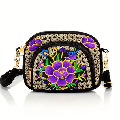 Vibrant Floral Embroidered Crossbody Bag for Women - Lightweight, Double-Sided Design with Detachable Strap, Zipper Closure, and Phone Pocket - Perfect for Casual Outings, Travel Accessory | Vibrant Pattern Bag | Coin Purse Badiee Stylez