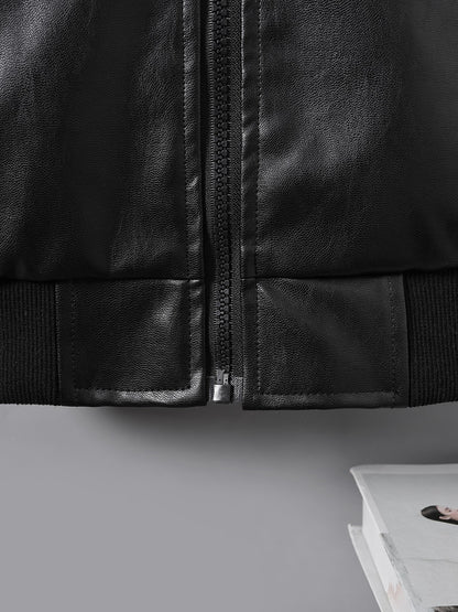 Boys' Faux Leather Jacket with Fleece Lining - Thickened Winter Coat, Full-Zip Front Closure, Machine Washable, Casual Style for Fall/Winter, Regular Fit Badiee Stylez