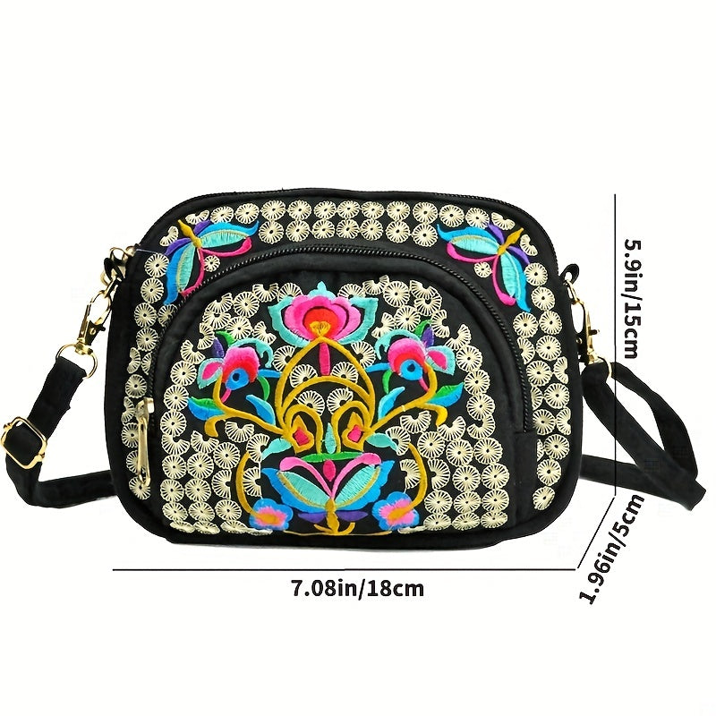 Vibrant Floral Embroidered Crossbody Bag for Women - Lightweight, Double-Sided Design with Detachable Strap, Zipper Closure, and Phone Pocket - Perfect for Casual Outings, Travel Accessory | Vibrant Pattern Bag | Coin Purse Badiee Stylez