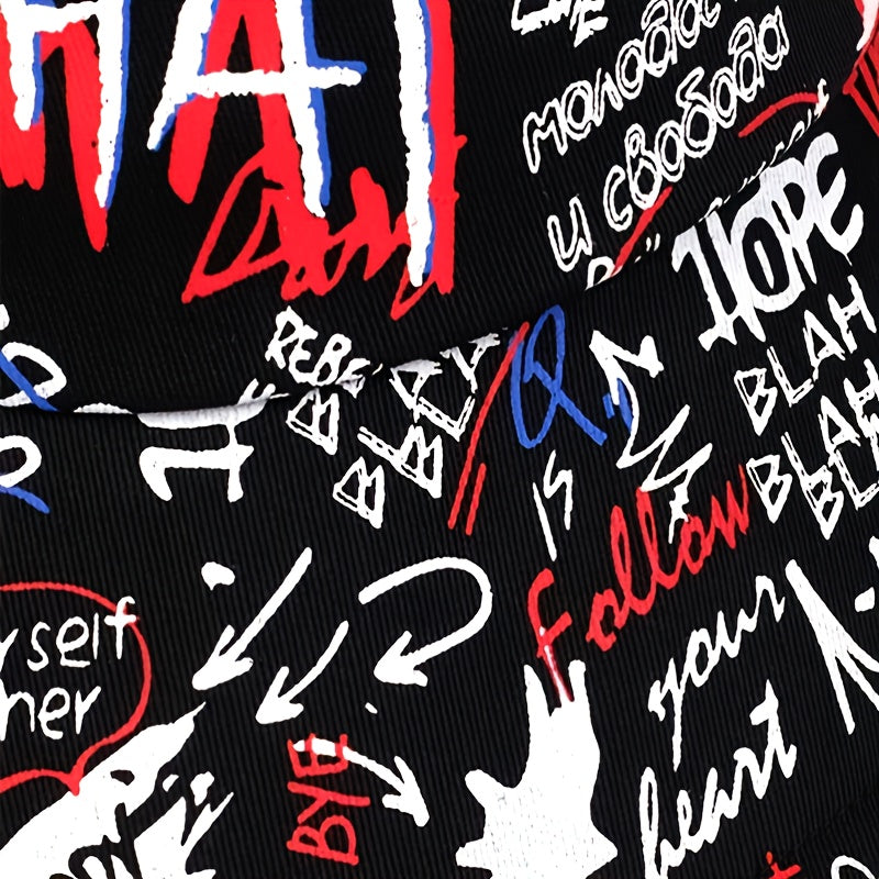 1 Men's "What" Graffiti-Style Bucket Hat - Streetwear Polyester, Hand-Washable, Black with Colorful Typography & Graphics, Perfect for Trendy Outfits Badiee Stylez