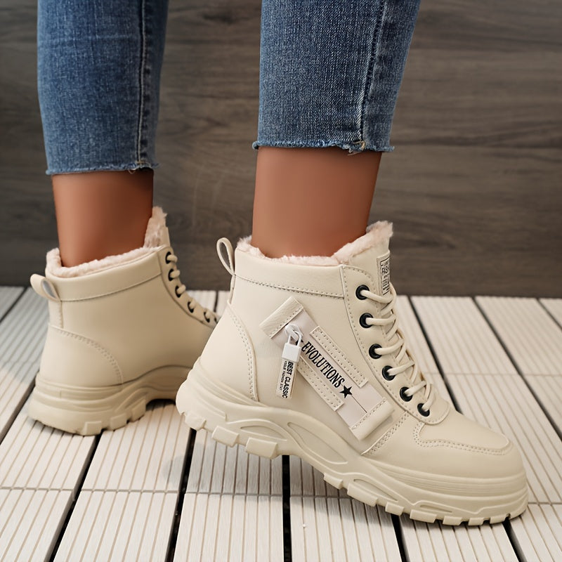 [Warm Fleece-Lined Winter Boots] Warm Fleece-Lined Women's Winter High-Top Boots - Thick Rubber Sole, Lace-Up Casual Style, White & Beige, Perfect for Cold Weather Comfort Badiee Stylez