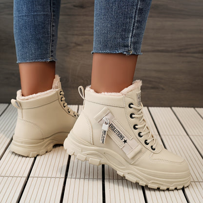 [Warm Fleece-Lined Winter Boots] Warm Fleece-Lined Women's Winter High-Top Boots - Thick Rubber Sole, Lace-Up Casual Style, White & Beige, Perfect for Cold Weather Comfort Badiee Stylez