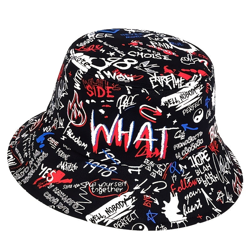 1 Men's "What" Graffiti-Style Bucket Hat - Streetwear Polyester, Hand-Washable, Black with Colorful Typography & Graphics, Perfect for Trendy Outfits Badiee Stylez