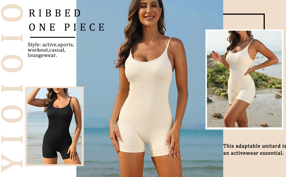 Women Workout Seamless Jumpsuit Yoga Ribbed Bodycon One Piece Spaghetti Strap Shorts Romper