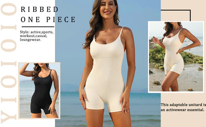 Women Workout Seamless Jumpsuit Yoga Ribbed Bodycon One Piece Spaghetti Strap Shorts Romper