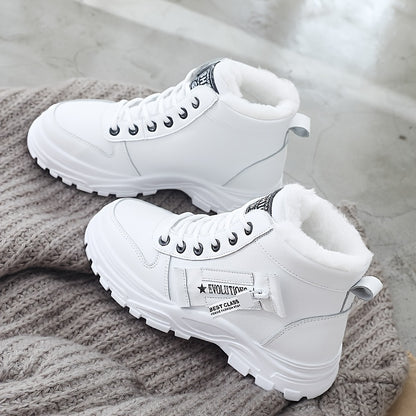 [Warm Fleece-Lined Winter Boots] Warm Fleece-Lined Women's Winter High-Top Boots - Thick Rubber Sole, Lace-Up Casual Style, White & Beige, Perfect for Cold Weather Comfort Badiee Stylez