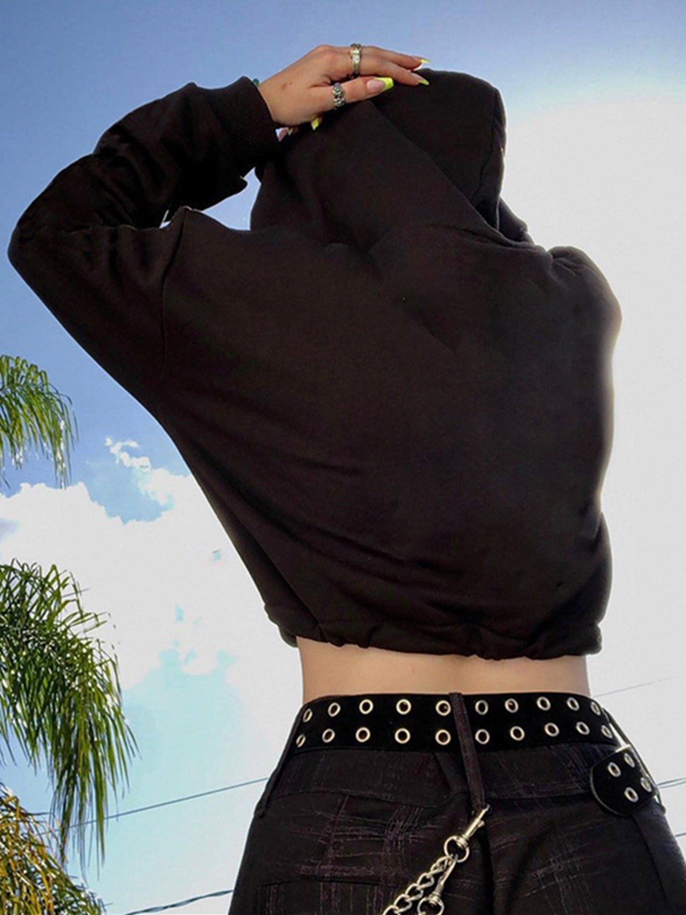 Women's Gothic Skull Print Casual Drawstring Short Hoodie Long Sleeve Top Badiee Stylez