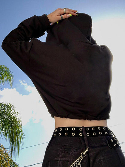 Women's Gothic Skull Print Casual Drawstring Short Hoodie Long Sleeve Top Badiee Stylez